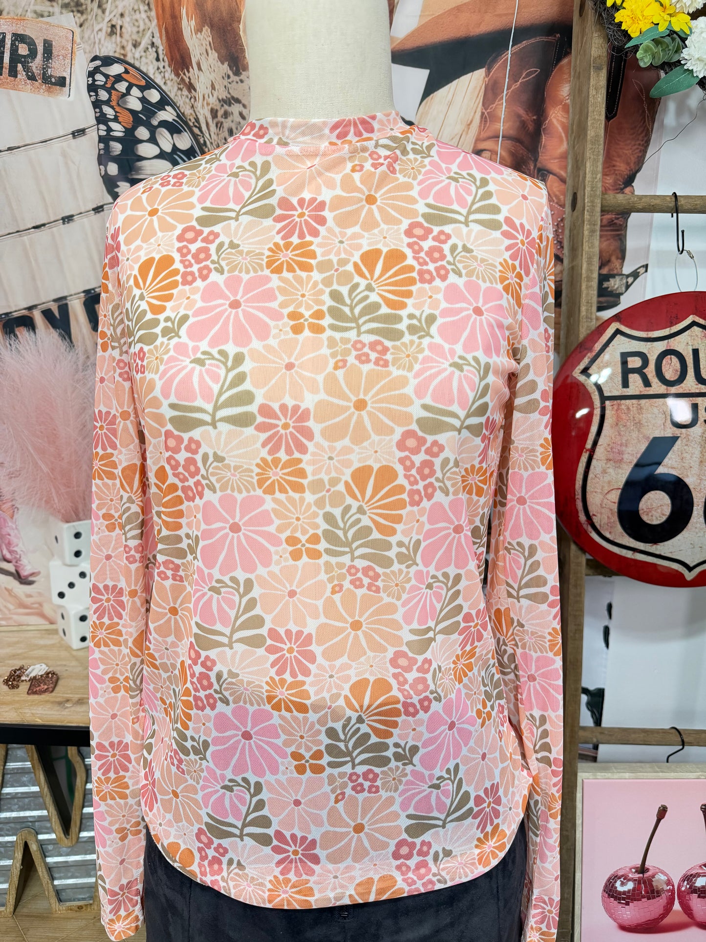 Retro Floral Mesh Long Sleeve Top