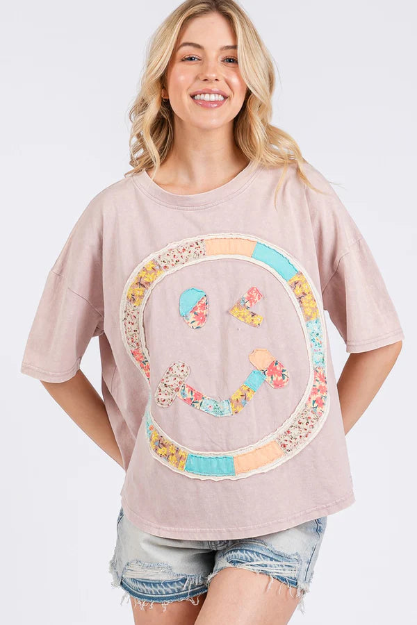 Boho Patchwork Smiley Oversized Tee