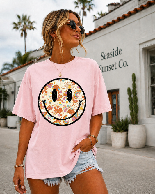 Vintage Floral Smiley T-Shirt | Comfort Colors Tee
