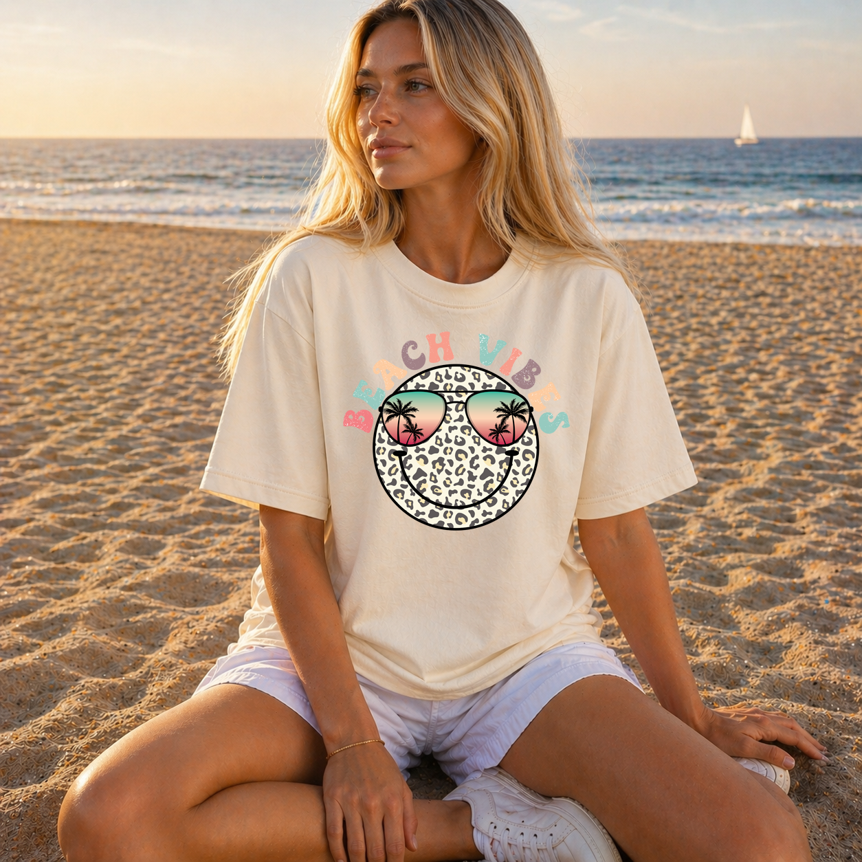 Beach Vibes Leopard Smiley T-Shirt | Comfort Colors Tee