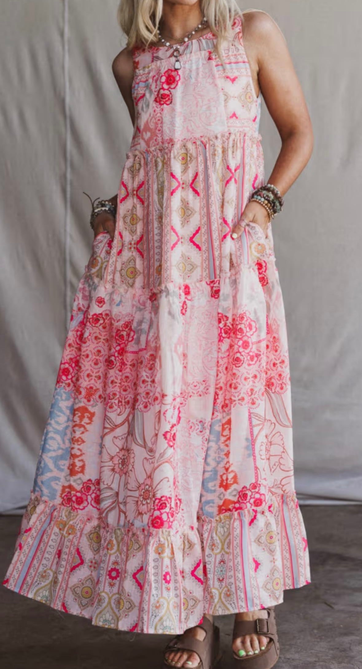 Pink Boho Floral Maxi Dress