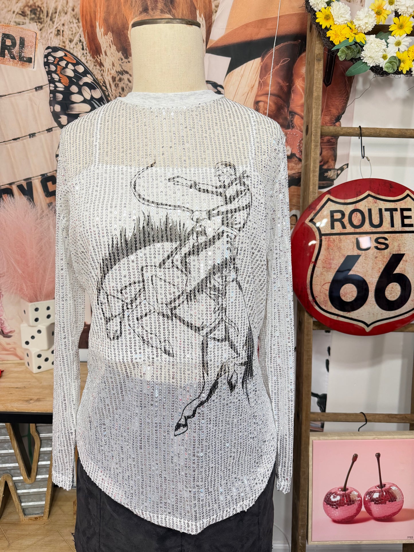 Sequin Cowboy Mesh Long Sleeve Top