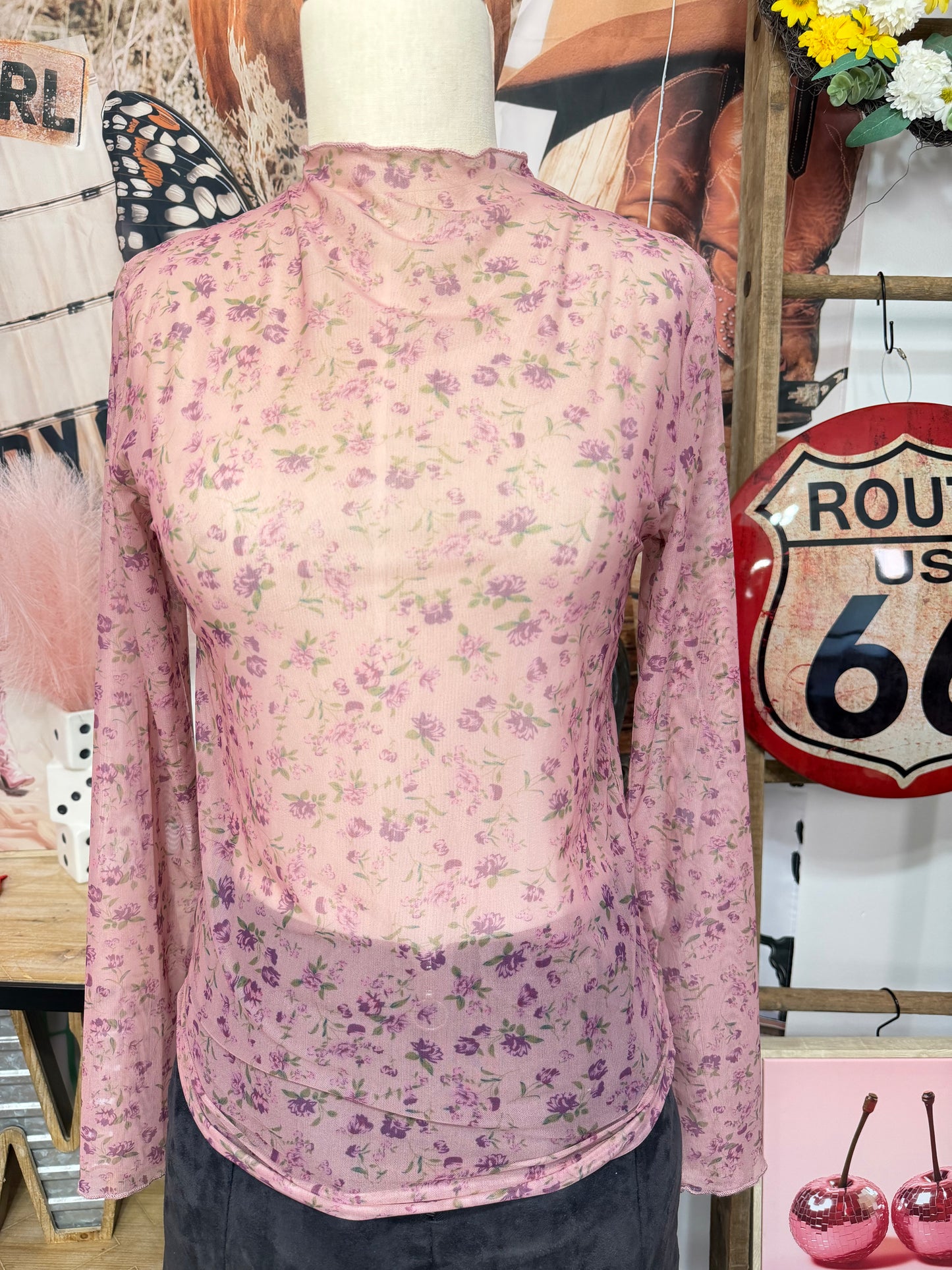 Purple Floral Mesh Long Sleeve Top