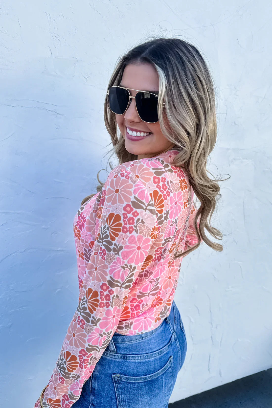 Retro Floral Mesh Long Sleeve Top