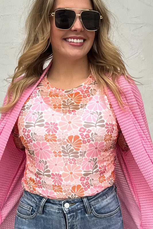 Retro Floral Mesh Long Sleeve Top