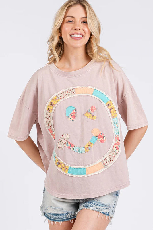 Boho Patchwork Smiley Oversized Tee